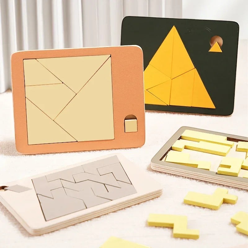 Petit Éveil Montessori Tangram en bois, puzzle éducatif pour enfants, différentes formes géométriques en bois naturel et coloré.