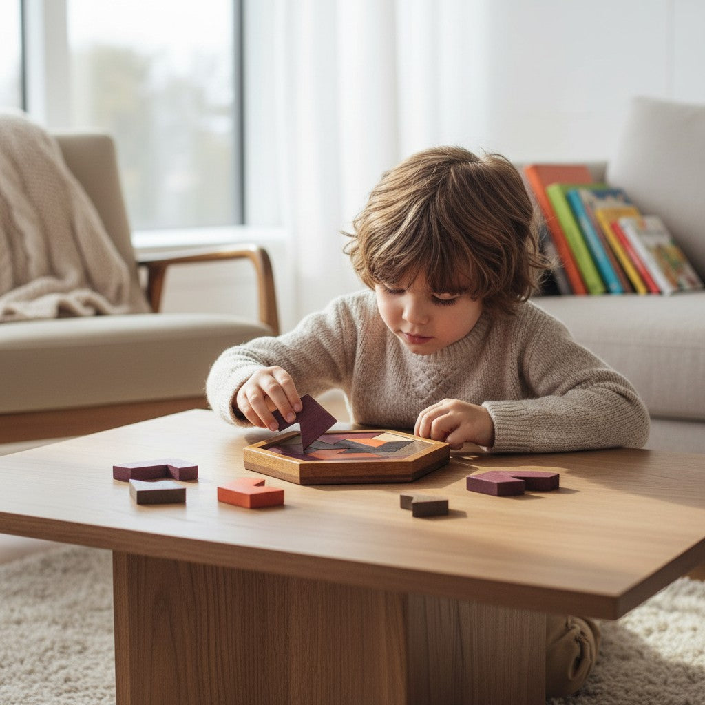 Tangram Montessori en bois Petit Éveil Montessori, puzzle géométrique coloré pour enfants, jeu éducatif stimulant la logique et la créativité.
