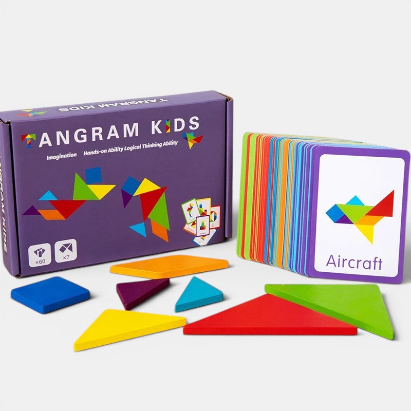 Petit Éveil Montessori Tangram en bois coloré pour enfants, jeu éducatif pour développer la logique et la créativité.