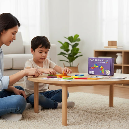 Tangram Montessori en bois Petit Éveil Montessori, jeu de formes géométriques colorées pour enfants, avec cartes d'instructions.