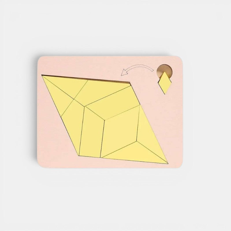 Puzzle Tangram en bois Montessori jaune, jeu éducatif pour développer la logique et la créativité.