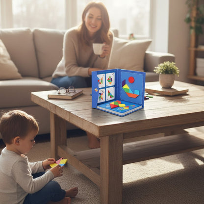 Petit Éveil Montessori Tangram magnétique en bois, puzzle éducatif pour enfants, 7 formes colorées.