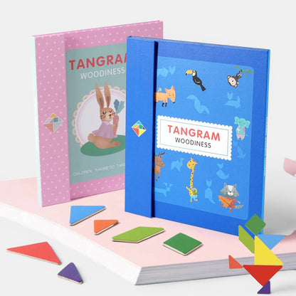 Petit Éveil Montessori Tangram magnétique en bois, livre éducatif avec animaux et formes géométriques pour enfants.