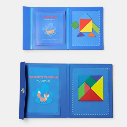 Petit Éveil Montessori, livre magnétique Tangram en bois pour enfants, puzzle éducatif coloré pour développer la logique et la créativité.