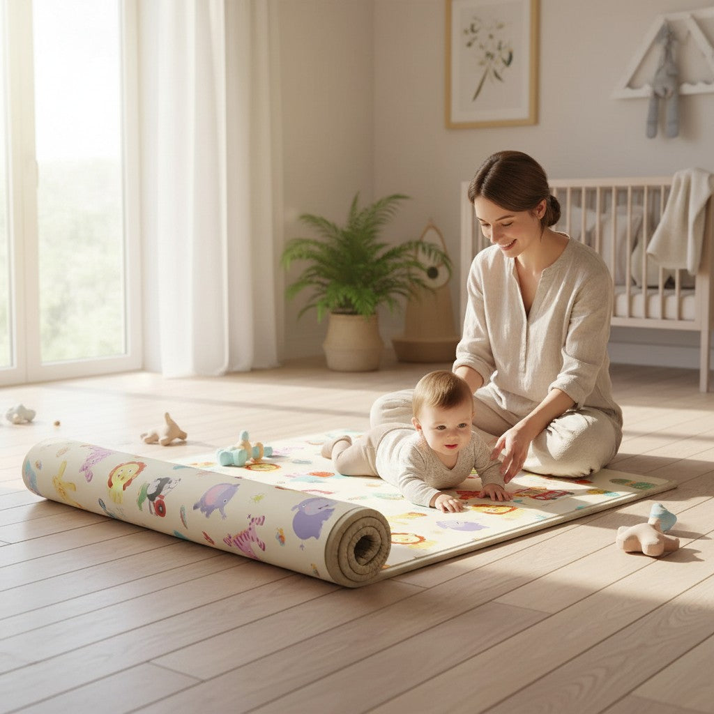 Petit Éveil Montessori tapis d'éveil avec animaux colorés (éléphant, lion, hippopotame) et scène de taxi, idéal pour bébé.