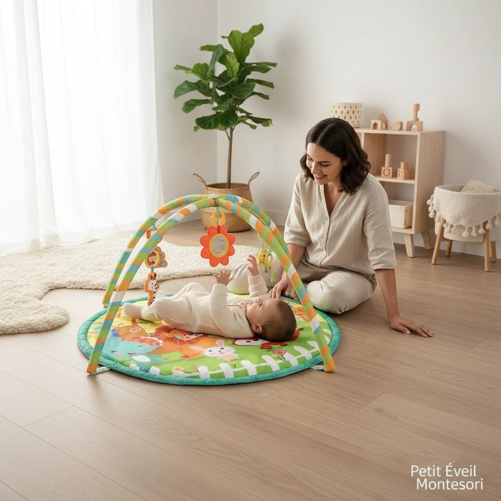 Petit Éveil Montessori tapis d'éveil sensoriel avec arche de jeux colorée et jouets suspendus pour bébé, design animaux de la ferme.
