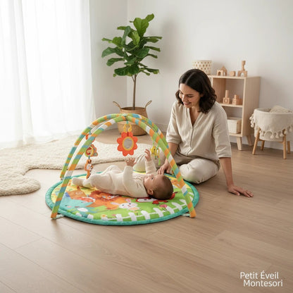 Petit Éveil Montessori tapis d'éveil sensoriel avec arche de jeux colorée et jouets suspendus pour bébé, design animaux de la ferme.