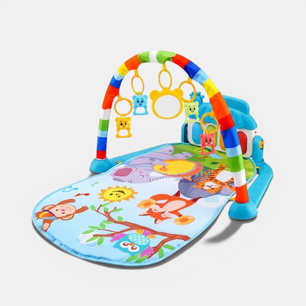 Tapis d'éveil musical Petit Éveil Montessori bleu avec piano, arche colorée et jouets suspendus, décoré d'animaux et d'un soleil.