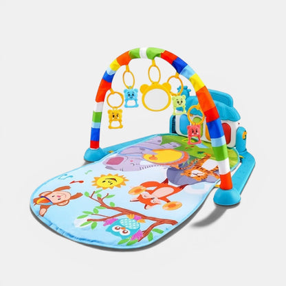 Tapis d'éveil musical Petit Éveil Montessori bleu avec piano, arche colorée et jouets suspendus, décoré d'animaux et d'un soleil.