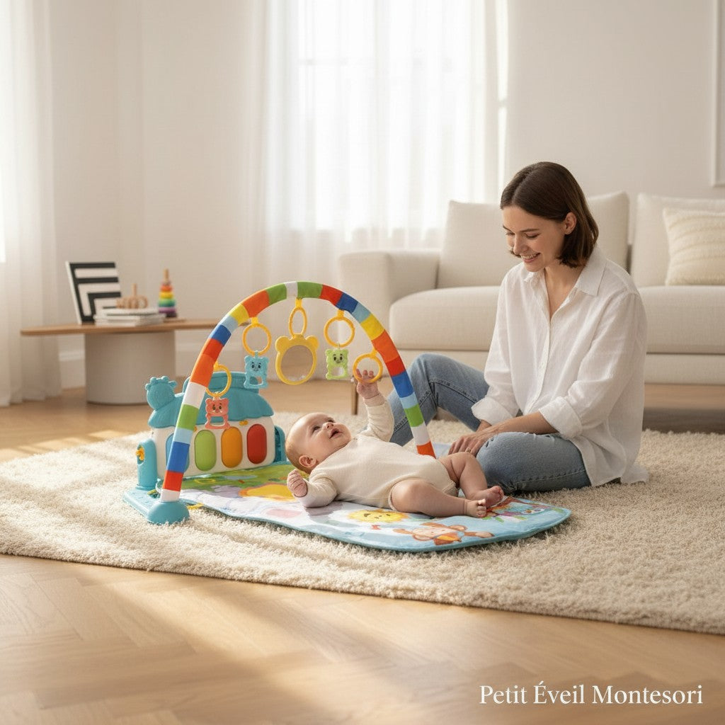 Petit Éveil Montessori tapis d'éveil musical avec piano, arche colorée et jouets suspendus, motifs animaux sur fond bleu.