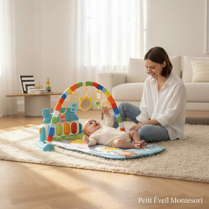Petit Éveil Montessori tapis d'éveil musical avec piano, arche colorée et jouets suspendus, motifs animaux sur fond bleu.