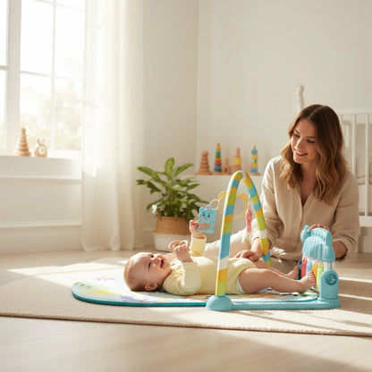 Tapis d'éveil musical Petit Éveil Montessori avec piano, jouets suspendus et motifs colorés pour bébé.