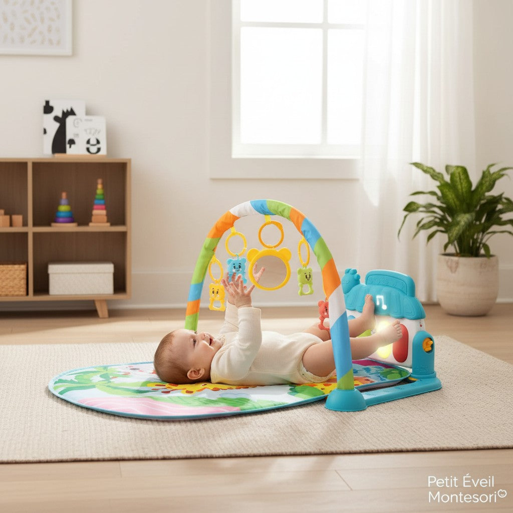 Tapis d'éveil musical Petit Éveil Montessori avec piano, jouets suspendus et motifs animaux colorés pour bébé.