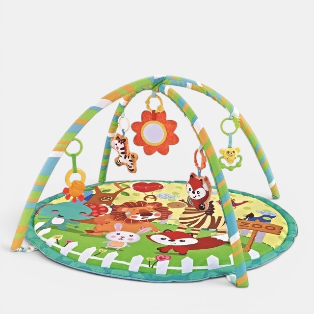Petit Éveil Montessori tapis d'éveil sensoriel avec arche et jouets suspendus, motif animaux de la jungle et zoo.