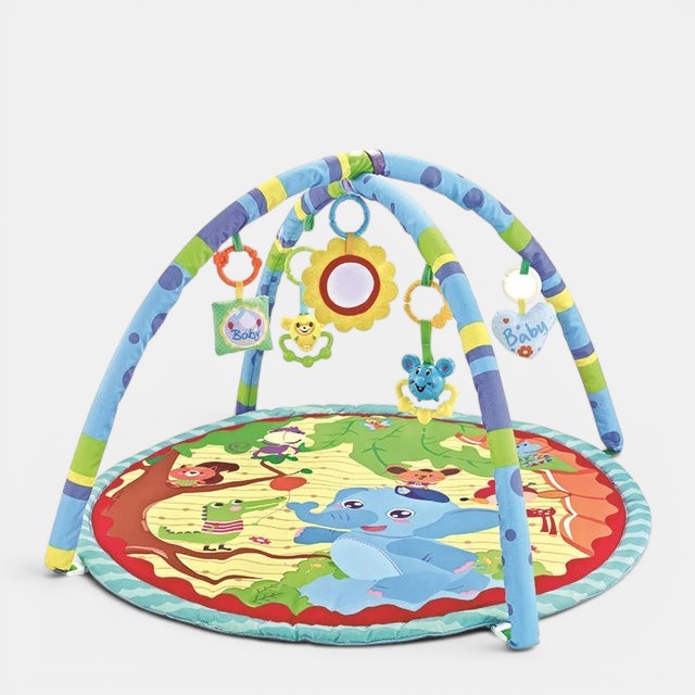 Tapis d’éveil sensoriel Montessori Petit Éveil Montessori avec arche, jouets suspendus et tapis illustrant des animaux de la jungle.