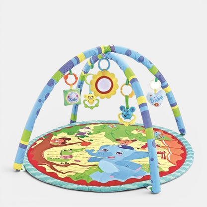 Tapis d’éveil sensoriel Montessori Petit Éveil Montessori avec arche, jouets suspendus et tapis illustrant des animaux de la jungle.