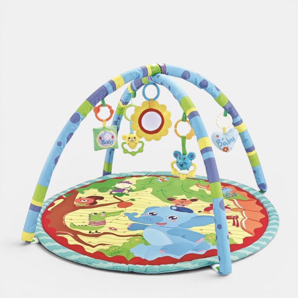 Tapis d’éveil sensoriel Montessori Petit Éveil Montessori avec arche de jeux et jouets suspendus, motif éléphant et jungle.