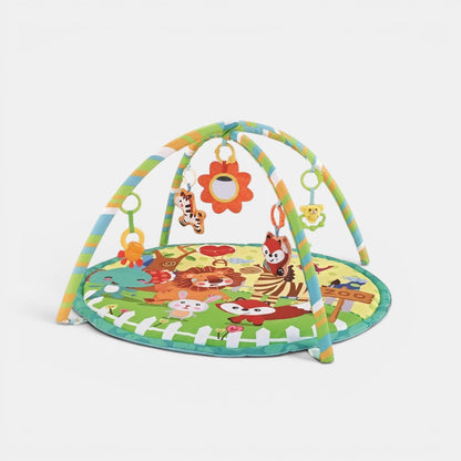 Tapis d’éveil sensoriel Montessori Petit Éveil Montessori avec arche de jeux et jouets suspendus, motifs animaux de la jungle et zoo.