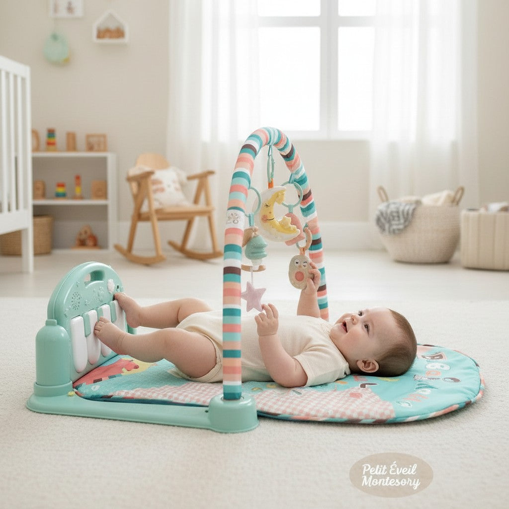 Petit Éveil Montessori tapis d'éveil musical avec piano interactif pour bébé, jouets suspendus lune et hibou, couleurs vives.