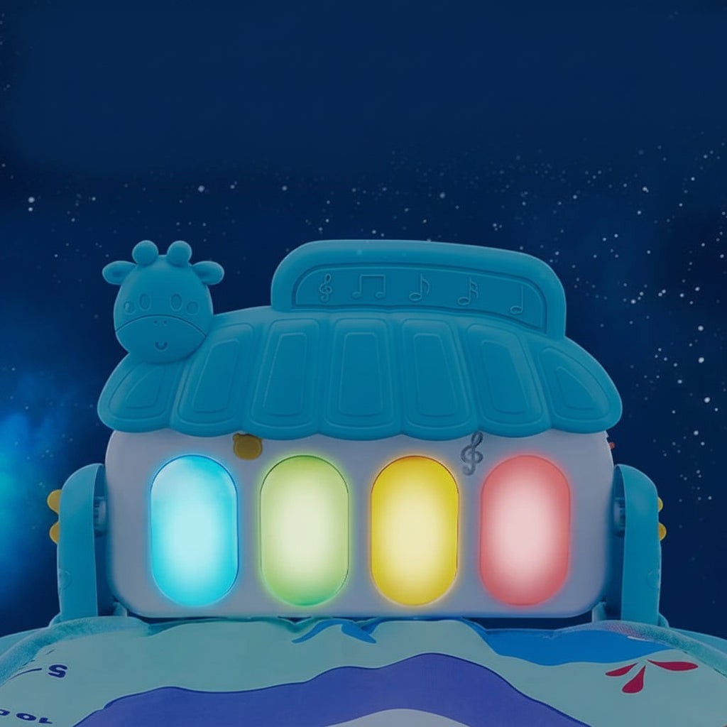 Tapis d'éveil musical Petit Éveil Montessori avec piano interactif et lumières colorées pour bébé.