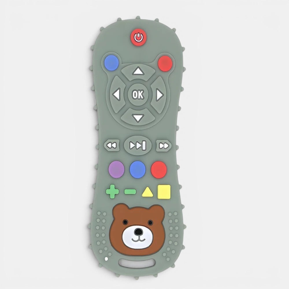 Télécommande silicone grise Petit Éveil Montessori avec boutons colorés et motif ours, jouet sensoriel pour bébé.