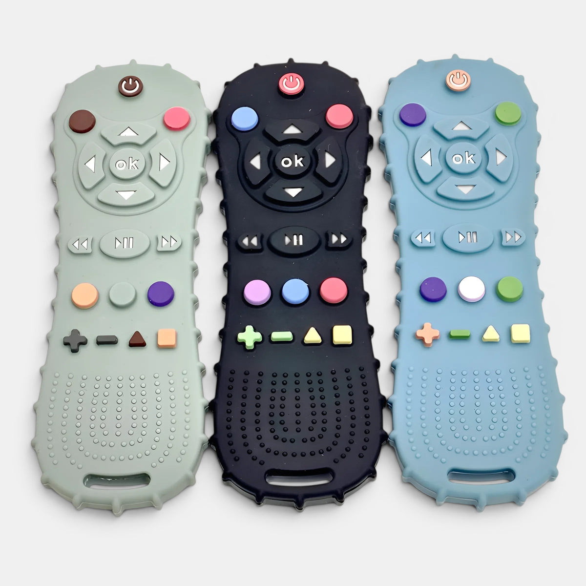 Petit Éveil Montessori : télécommande silicone pour bébé, jouet sensoriel, 3 couleurs (vert, noir, bleu), sans BPA, 120 caractères max.