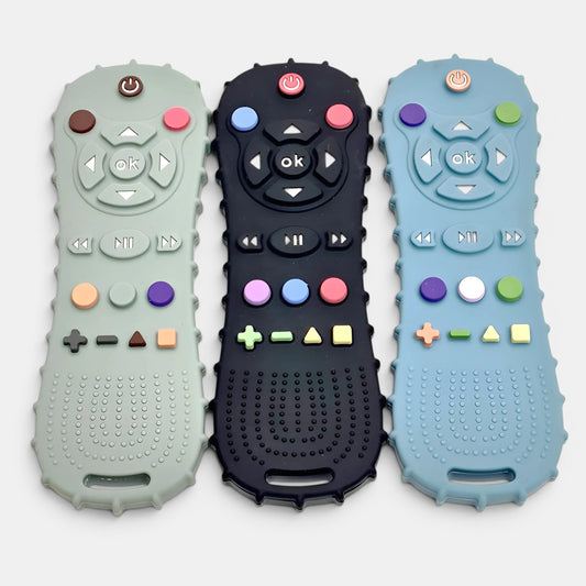 Petit Éveil Montessori : télécommande silicone pour bébé, jouet sensoriel, 3 couleurs (vert, noir, bleu), sans BPA, 120 caractères max.