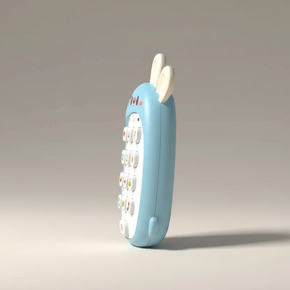 Petit Éveil Montessori téléphone musical lapin bleu avec touches colorées pour l'éveil sensoriel et auditif de bébé.