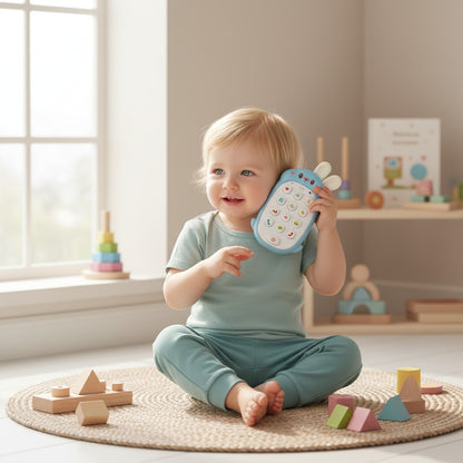 Petit Éveil Montessori téléphone musical lapin bleu avec touches interactives pour bébé, jouet d'éveil sensoriel.