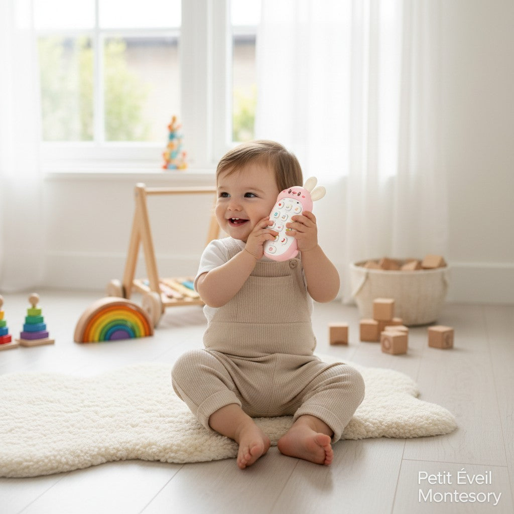 Petit Éveil Montessori téléphone musical lapin rose avec écran et touches interactives pour l'éveil des tout-petits.