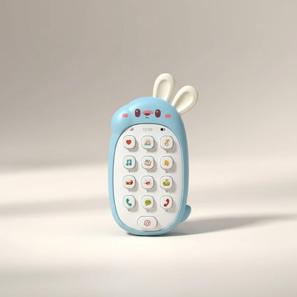 Téléphone musical lapin bleu Petit Éveil Montessori avec écran et touches interactives pour l'éveil des tout-petits.