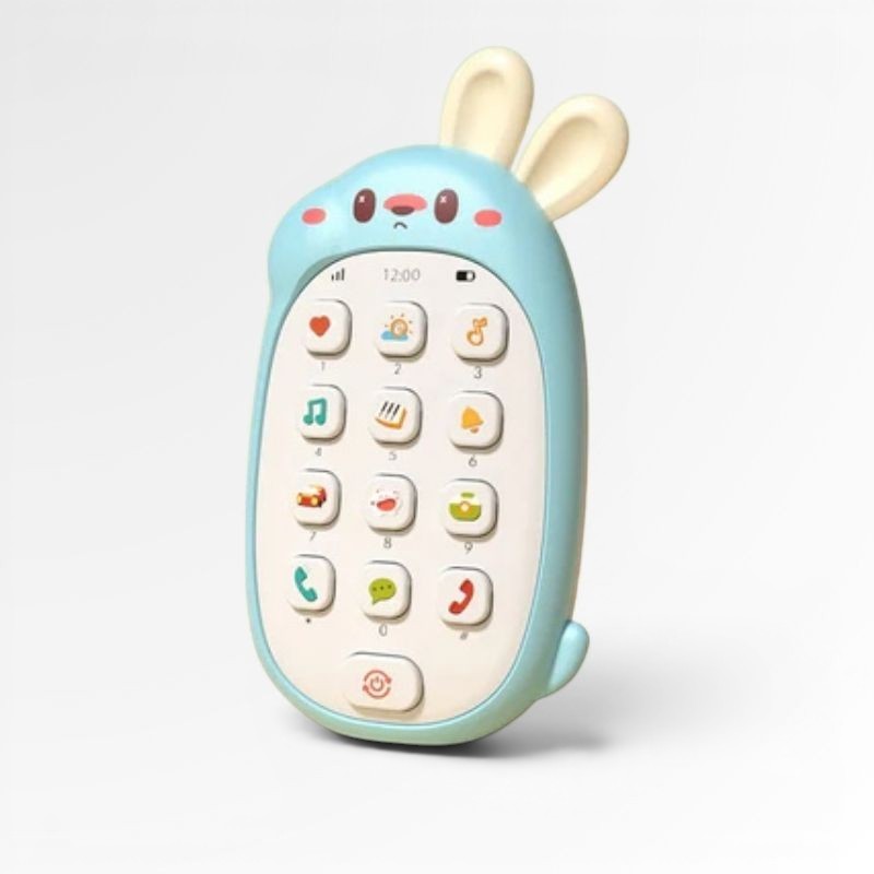Téléphone musical lapin bleu et blanc, jouet d'éveil Montessori pour enfants, avec écran et boutons interactifs.