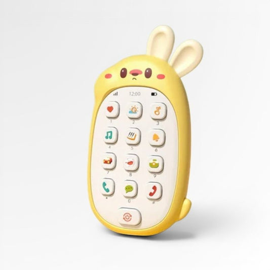 Téléphone musical lapin jaune Petit Éveil Montessori avec écran interactif et touches colorées pour l'éveil des tout-petits.