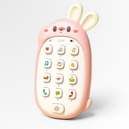 Téléphone musical lapin rose Petit Éveil Montessori avec écran et touches interactives pour l'éveil des tout-petits.
