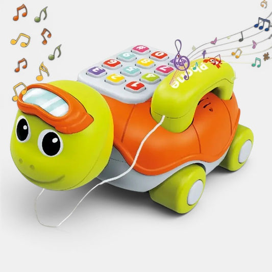 Tortue musicale interactive Petit Éveil Montessori avec clavier numérique et téléphone, jouet éducatif pour bébé.