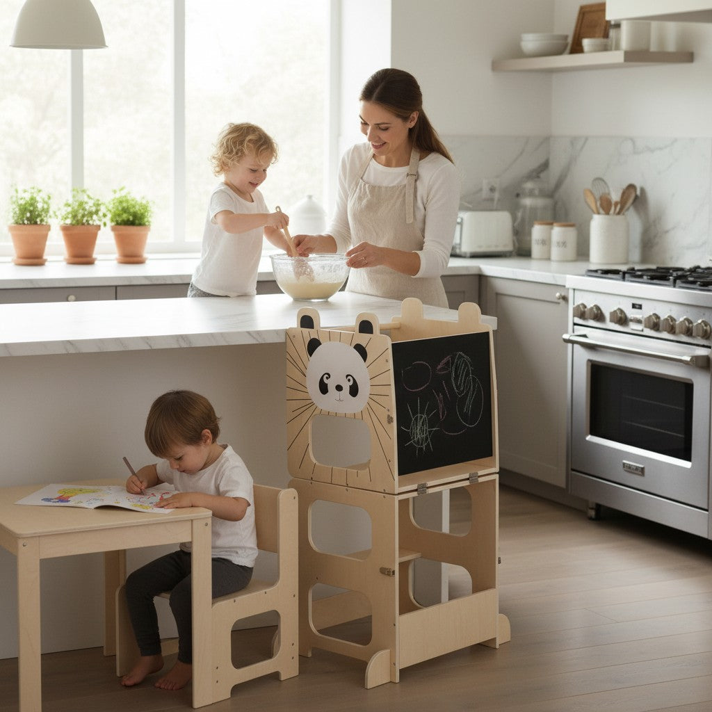 Tour d'apprentissage Montessori 3 en 1 évolutive en bois naturel avec tableau noir et décor panda, par Petit Éveil Montessori