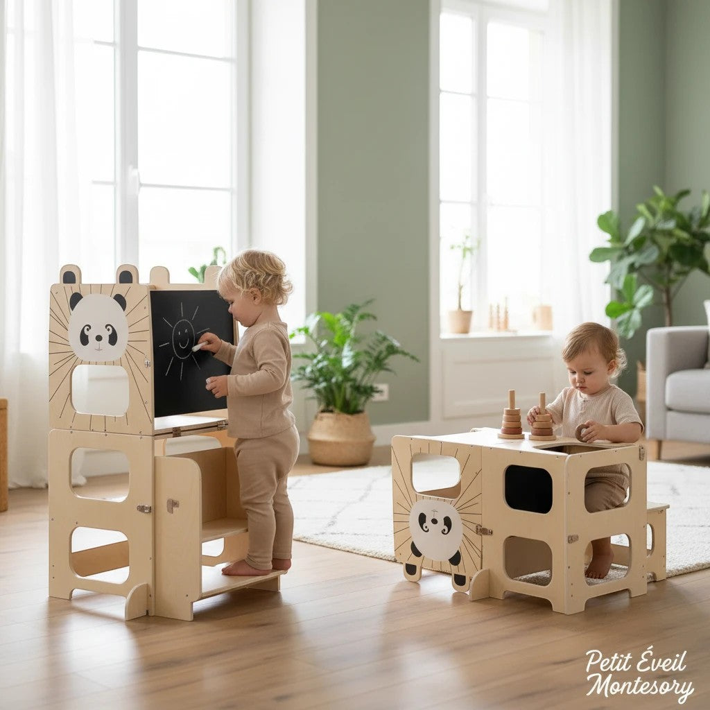 Tour d'apprentissage Montessori 3 en 1 en bois naturel avec tableau noir et motif panda, par Petit Éveil Montessori.