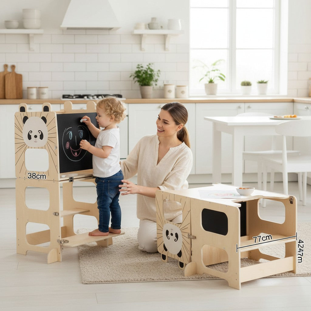 Tour d'apprentissage Montessori 3 en 1 évolutive en bois avec tableau noir et motif panda, par Petit Éveil Montessori.
