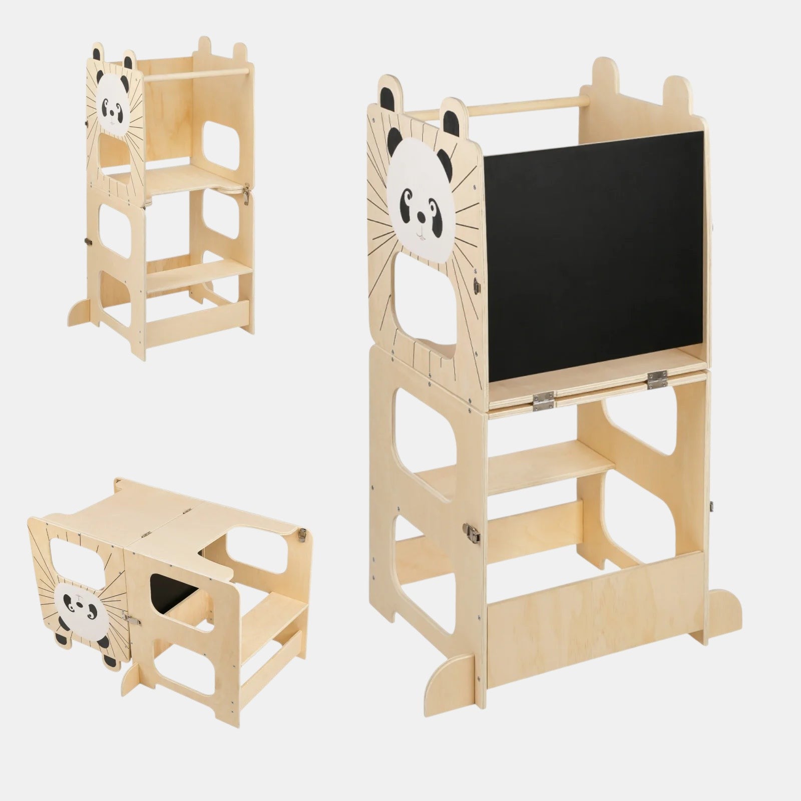 Tour d'apprentissage Montessori 3 en 1 en bois naturel avec tableau noir et motif panda, par Petit Éveil Montessori