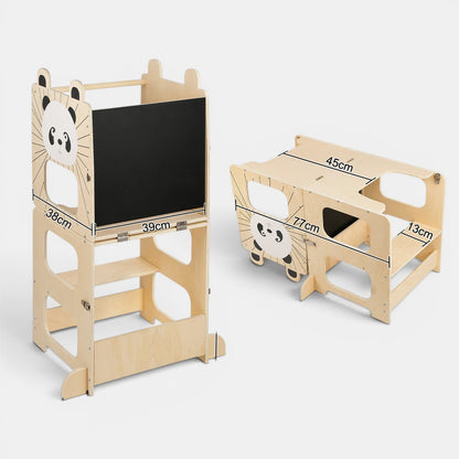 Tour d'apprentissage Montessori 3 en 1 en bois naturel avec tableau noir et motif panda, par Petit Éveil Montessori.