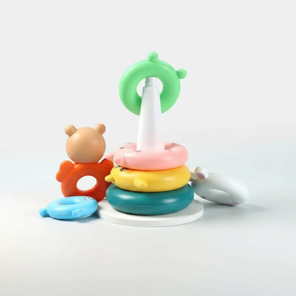 Petit Éveil Montessori : tour empilable éducative en plastique aux couleurs vives, avec des animaux.