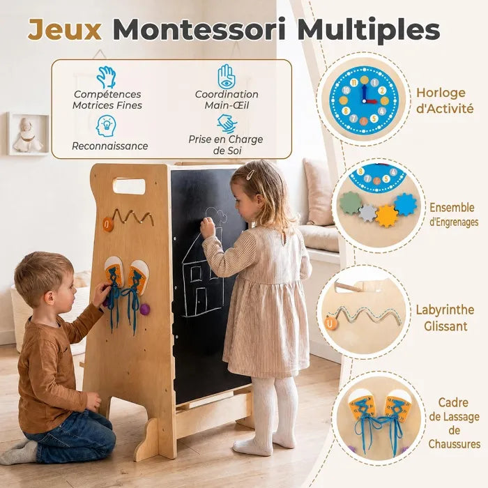 Tour d'observation Montessori 4-en-1 Petit Éveil Montessori en bois avec tableau noir et jeux d'éveil pour enfants