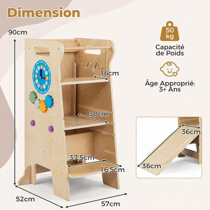Tour d'observation Montessori 4-en-1 Petit Éveil Montessori en bois naturel avec dimensions et détails techniques