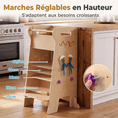 Tour d'observation Montessori 4-en-1 Petit Éveil Montessori en bois naturel avec plateforme et marches réglables