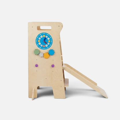 Tour d'observation Petit Éveil Montessori 4-en-1 en bois naturel avec toboggan et horloge éducative intégrée