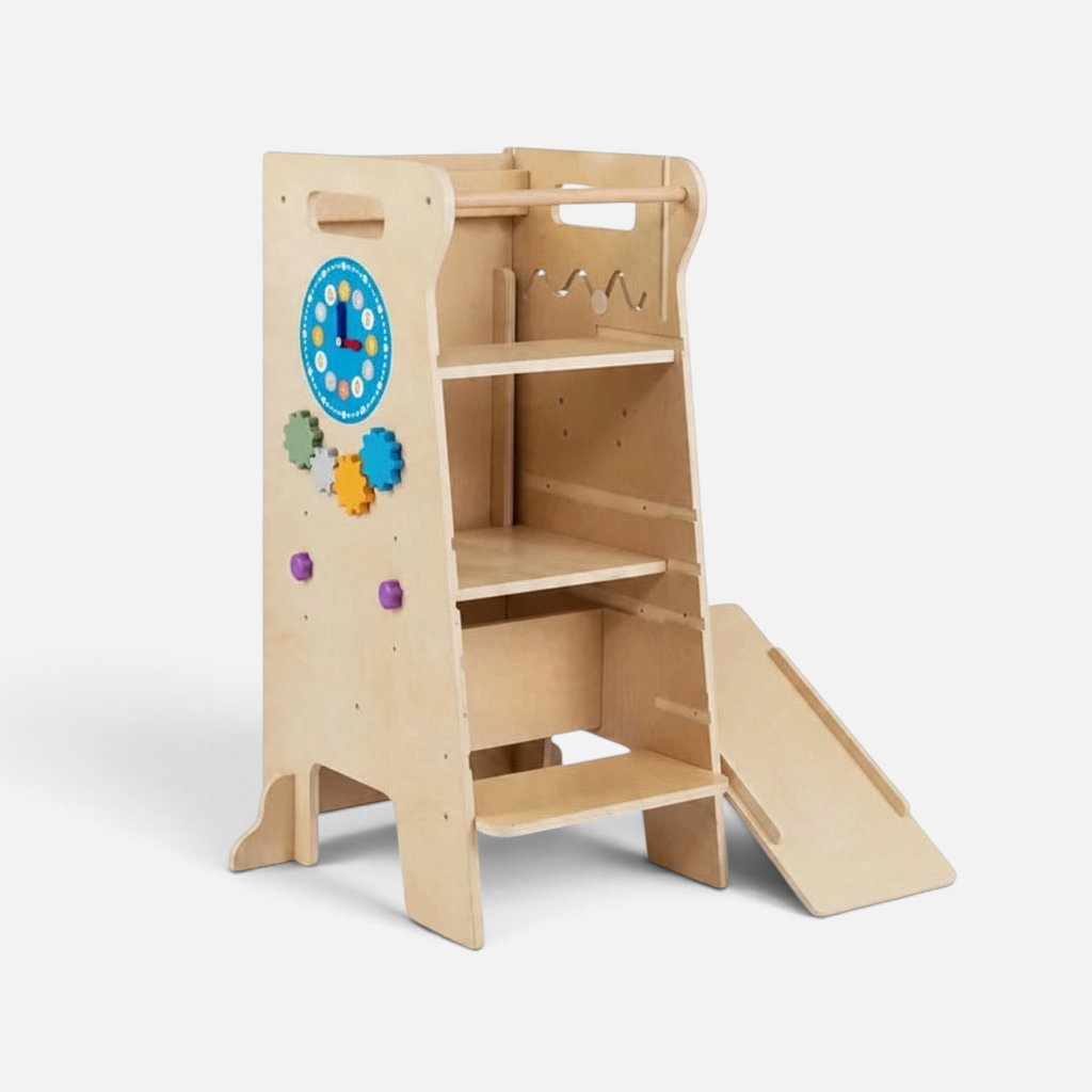 Tour d'observation Montessori 4-en-1 Petit Éveil Montessori en bois naturel avec toboggan et horloge éducative