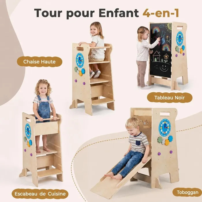 Tour d'observation 4-en-1 Petit Éveil Montessori en bois naturel avec fonctions chaise, tableau noir et toboggan.