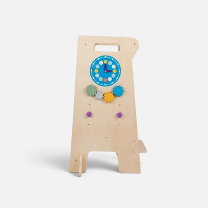 Tour d'observation Montessori 4-en-1 Petit Éveil Montessori en bois naturel avec horloge et engrenages éducatifs
