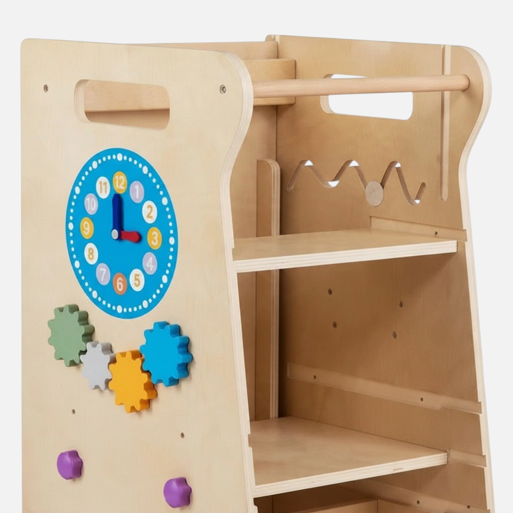 Tour d'observation Montessori 4-en-1 Petit Éveil Montessori en bois naturel avec horloge et engrenages éducatifs