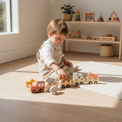 Petit Éveil Montessori : petit train en bois naturel avec wagonnets transportant des animaux (vache, lapin, mouton) et une locomotive orange.